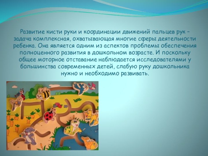 Развитие кисти руки и координации движений пальцев рук – задача комплексная, охватывающая