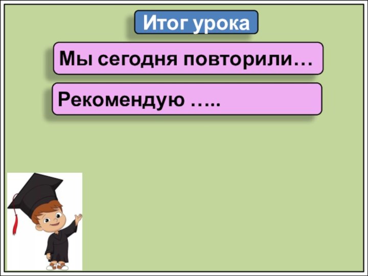 Итог урокаМы сегодня повторили…Рекомендую …..