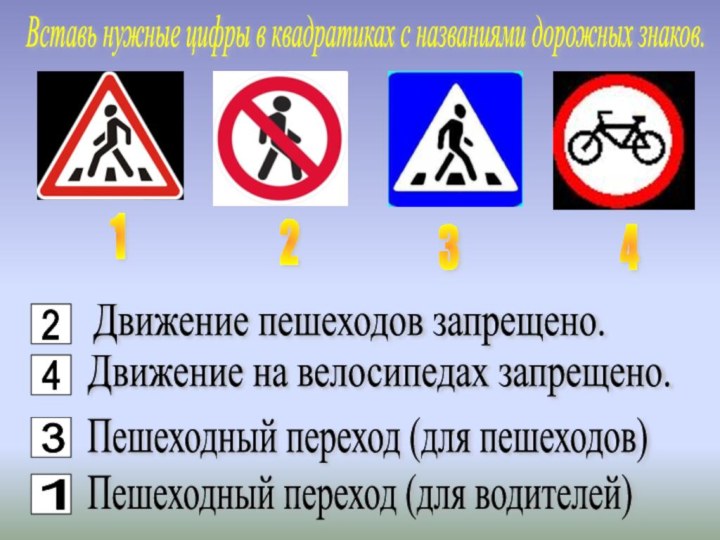 Вставь нужные цифры в квадратиках с названиями дорожных знаков.3124Движение пешеходов запрещено.Движение на