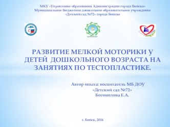 Развитие мелкой моторики у детей дошкольного возраста на занятиях по тестопластике. презентация