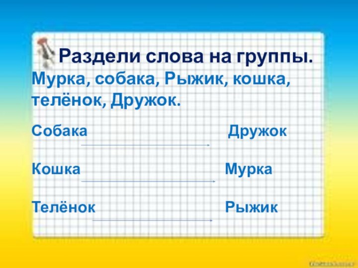 Раздели слова на группы.Мурка, собака, Рыжик, кошка, телёнок, Дружок.Собака