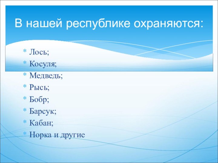 Лось;Косуля;Медведь;Рысь;Бобр;Барсук;Кабан;Норка и другиеВ нашей республике охраняются: