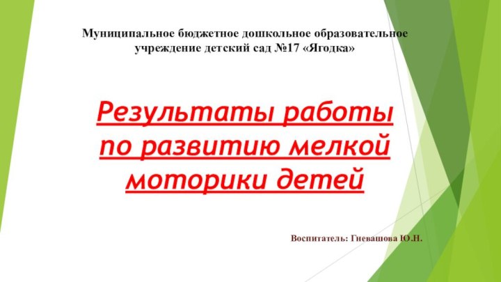 Результаты работы по развитию мелкой моторики детейВоспитатель: Гневашова Ю.Н.Муниципальное бюджетное дошкольное образовательное