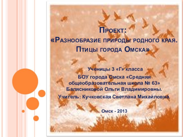 Проект: «Разнообразие природы родного края. Птицы города Омска» Ученицы 3 «Г» класса