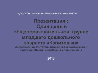 МДОУ Детский сад комбинированного вида №103 Заводского района г.Саратова.Презентация: Один день в общеобразовательной группе младшего дошкольного возраста Капитошка воспитатель Шорникова М.В. презентация к уроку (младшая группа)