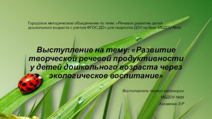 Городское методическое объединение по теме: «Речевое развитие детей дошкольного возраста с учетом