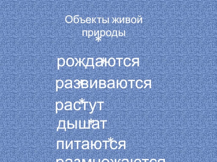 Объекты живой природы* рождаются* развиваются * растут* дышат* питаются* размножаются