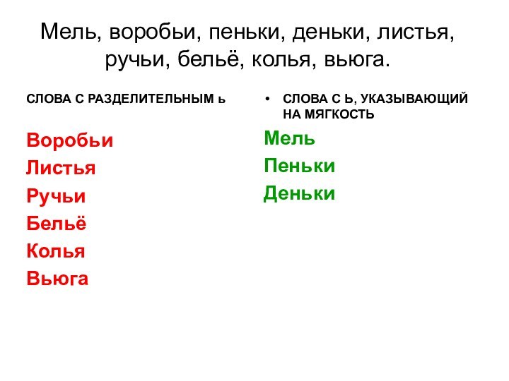 Мель, воробьи, пеньки, деньки, листья, ручьи, бельё, колья, вьюга.СЛОВА С РАЗДЕЛИТЕЛЬНЫМ ьВоробьиЛистьяРучьиБельёКолья