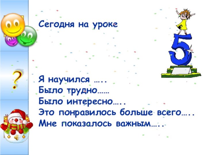 Сегодня на уроке Я научился …..Было трудно……Было интересно…..Это понравилось больше всего…..Мне показалось важным…..