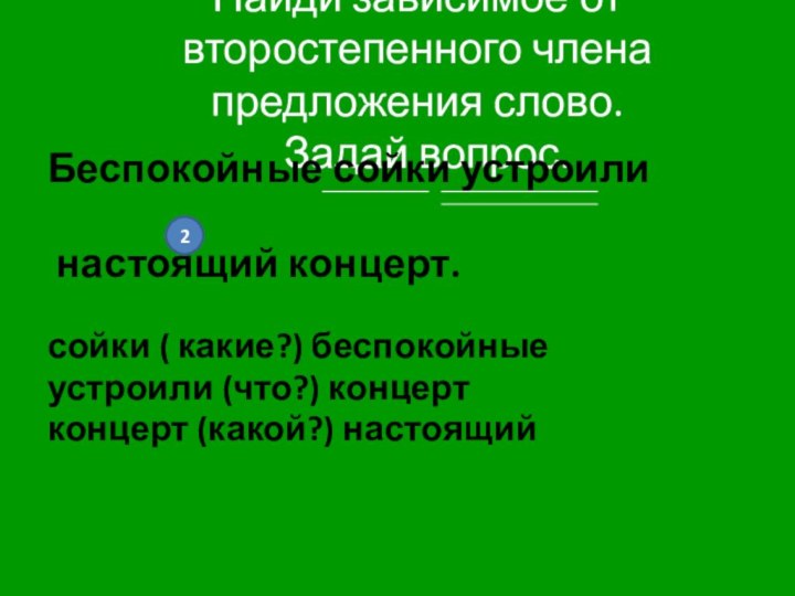 Найди зависимое от второстепенного члена предложения слово.  Задай вопрос.Беспокойные сойки устроили