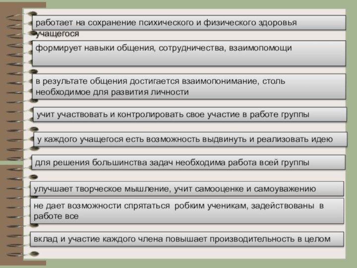 вклад и участие каждого члена повышает производительность в целомработает на сохранение психического