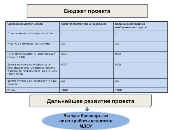 Бюджет проектаДальнейшее развитие проектаВыпуск брошюры из опыта работы педагогов МДОУ