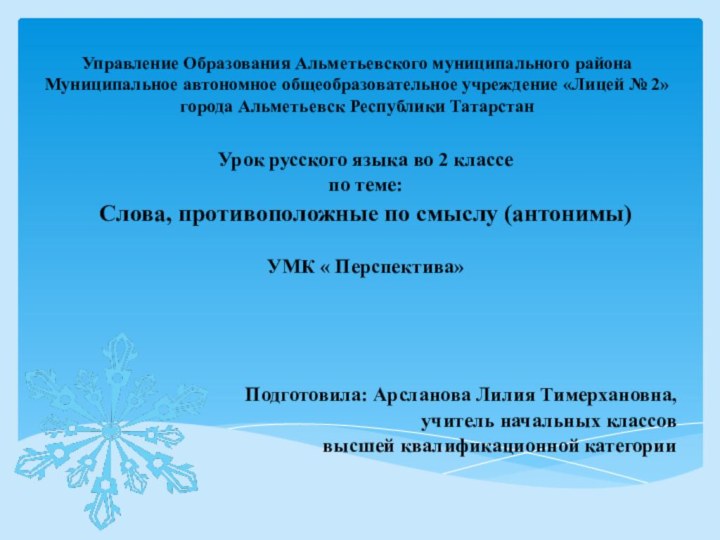 Управление Образования Альметьевского муниципального района Муниципальное автономное общеобразовательное учреждение «Лицей № 2»