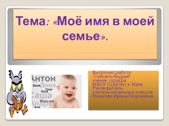 Тема: «Моё имя в моей семье». Выполнил работу:  Собкало Андрейученик 1