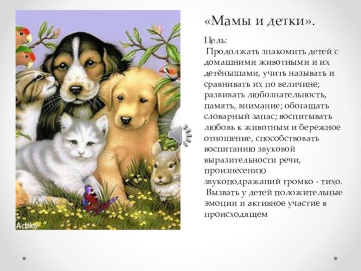 Цель: Продолжать знакомить детей с домашними животными и их детёнышами, учить называть