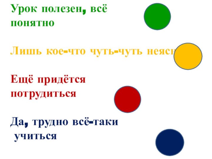 Урок полезен, всё понятно  Лишь кое-что чуть-чуть неясноЕщё придётся потрудитьсяДа, трудно всё-таки учиться