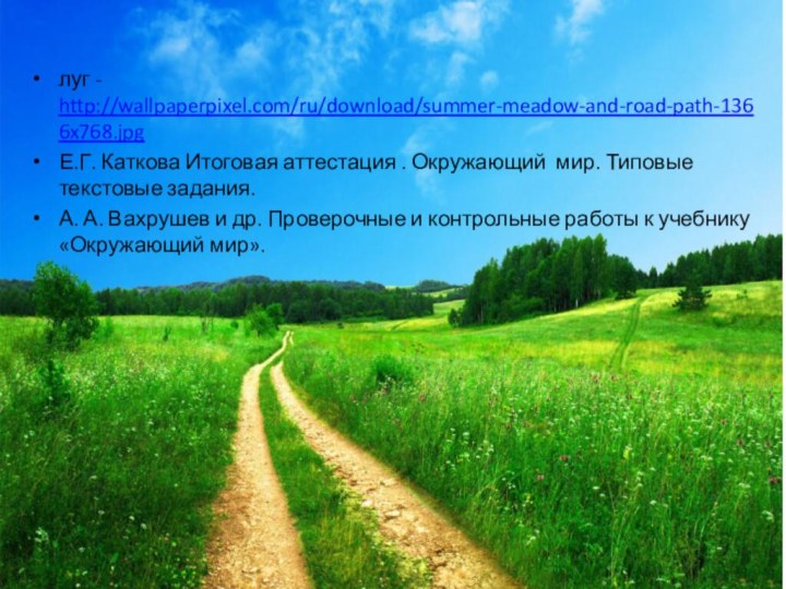 луг - http://wallpaperpixel.com/ru/download/summer-meadow-and-road-path-1366x768.jpgЕ.Г. Каткова Итоговая аттестация . Окружающий мир. Типовые текстовые задания.А.