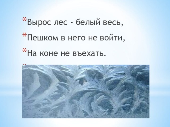 Вырос лес - белый весь,Пешком в него не войти,На коне не въехать. (Морозный узор на окне.)