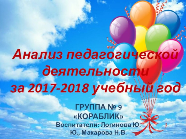 Анализ педагогической деятельности за 2017-2018 учебный годГРУППА № 9 «КОРАБЛИК»Воспитатели: Логинова Ю.Ю., Макарова Н.В.