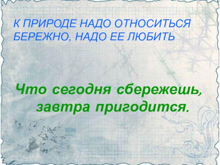 К природе надо относиться бережно, надо ее любить Что сегодня сбережешь, завтра пригодится.