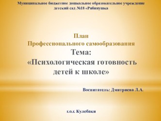 План Профессионального самообразования Тема: Психологическая готовность детей к школе статья (подготовительная группа)