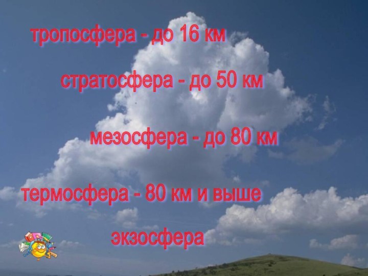 тропосфера - до 16 кмстратосфера - до 50 кммезосфера - до 80