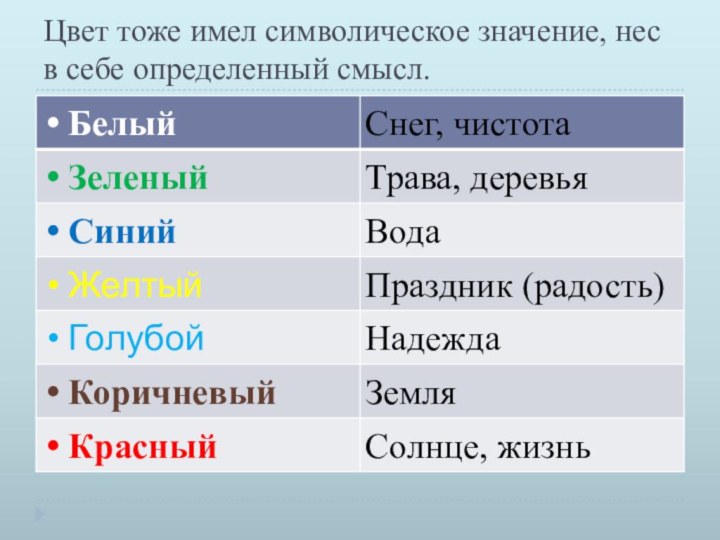 Цвет тоже имел символическое значение, нес в себе определенный смысл.