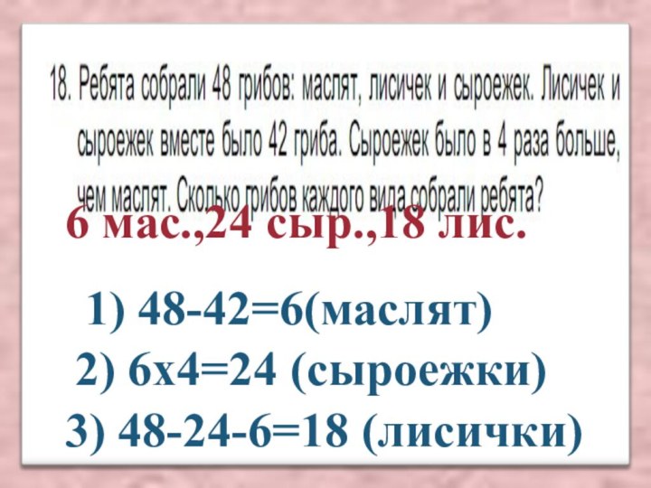 1) 48-42=6(маслят)2) 6х4=24 (сыроежки)3) 48-24-6=18 (лисички)6 мас.,24 сыр.,18 лис.