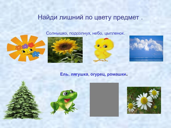 Найди лишний по цвету предмет .Солнышко, подсолнух, небо, цыпленок.Ель, лягушка, огурец, ромашки.