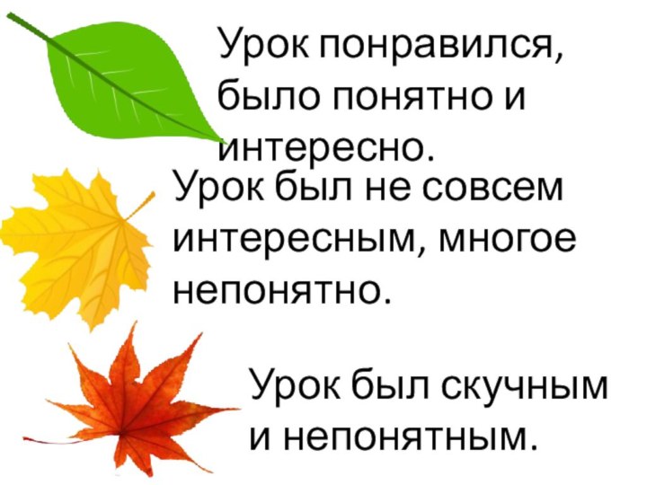 Урок понравился, было понятно и интересно.Урок был не совсем интересным, многое непонятно.Урок был скучным и непонятным.