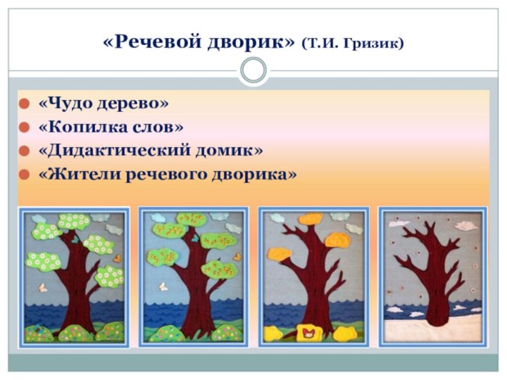 «Речевой дворик» (Т.И. Гризик)«Чудо дерево»«Копилка слов»«Дидактический домик»«Жители речевого дворика»