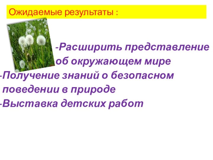 Ожидаемые результаты :-Расширить представление об окружающем миреПолучение знаний о безопасном поведении в природеВыставка детских работ