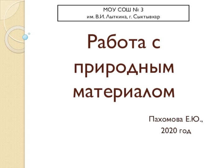 Работа с природным материаломПахомова Е.Ю., 2020 годМОУ СОШ № 3 им. В.И. Лыткина, г. Сыктывкар