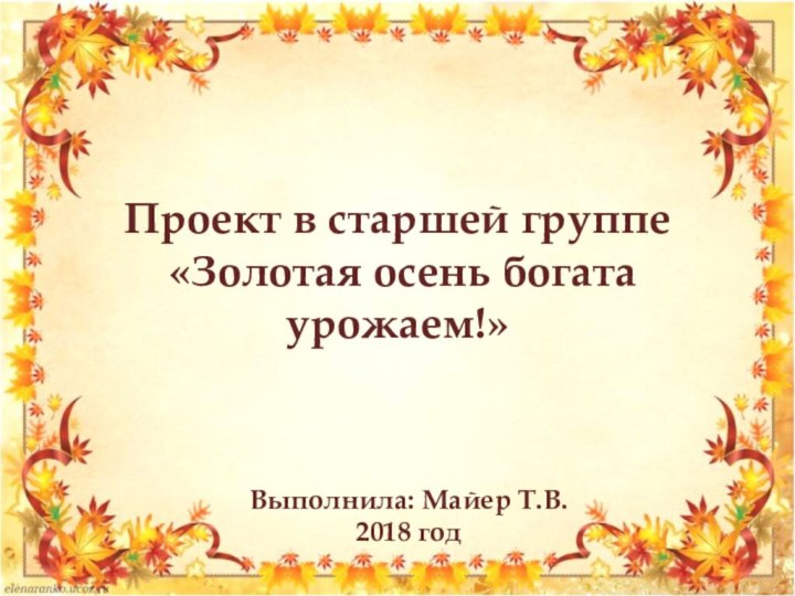 Проект в старшей группе  «Золотая осень богата урожаем!» Выполнила: Майер Т.В.2018 год