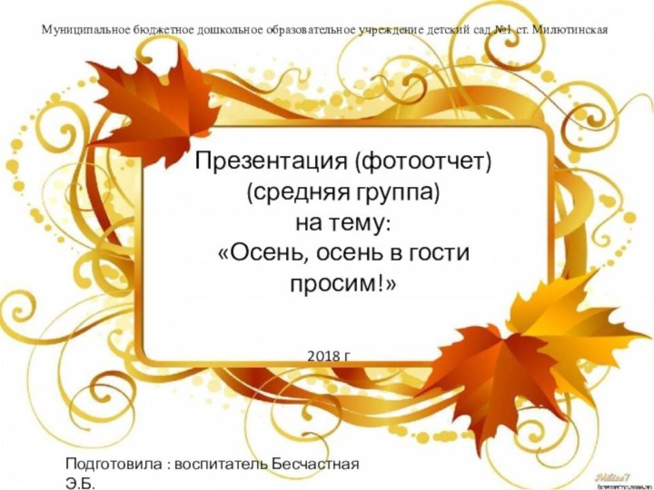 Муниципальное бюджетное дошкольное образовательное учреждение детский сад №1 ст. МилютинскаяПрезентация (фотоотчет)(средняя группа)на