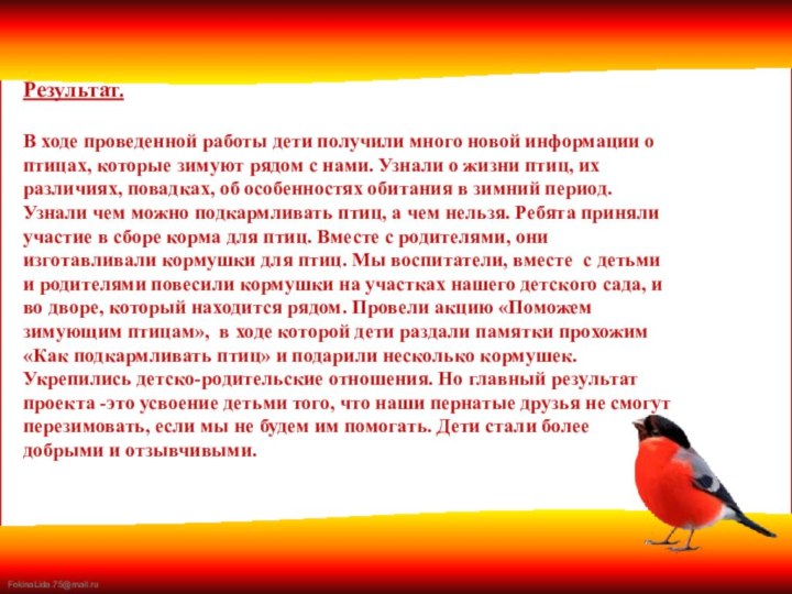 Результат.В ходе проведенной работы дети получили много новой информации о птицах, которые