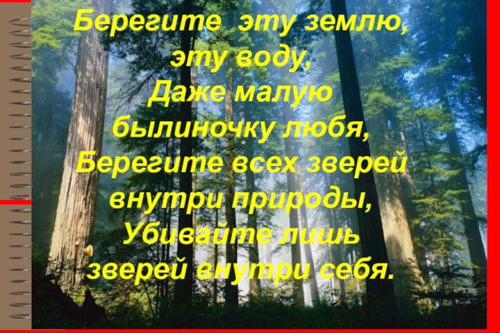 Берегите эту землю, эту воду,Даже малую былиночку любя,Берегите всех зверей внутри природы,Убивайте лишь зверей внутри себя.