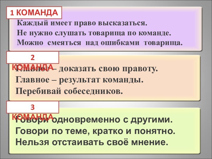 Каждый имеет право высказаться.Не нужно слушать товарища по команде.Можно смеяться над ошибками