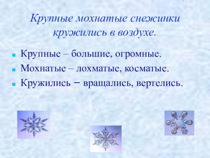 Крупные мохнатые снежинки кружились в воздухе.Крупные – большие, огромные.Мохнатые – лохматые, косматые. Кружились – вращались, вертелись.