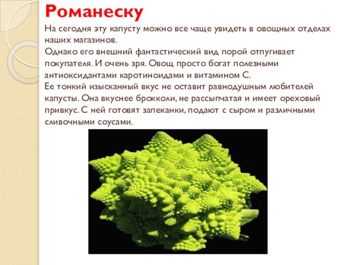 Романеску На сегодня эту капусту можно все чаще увидеть в овощных отделах