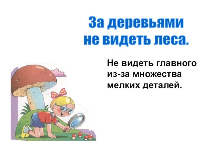 За деревьями не видеть леса.Не видеть главногоиз-за множествамелких деталей.