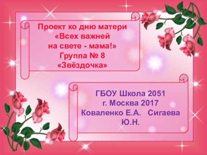 Проект ко дню матери«Всех важней на свете - мама!»Группа № 8 «Звёздочка»ГБОУ