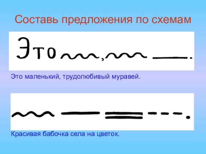 Составь предложения по схемамЭто маленький, трудолюбивый муравей.Красивая бабочка села на цветок.