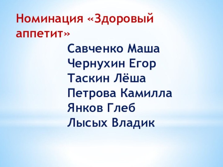 Номинация «Здоровый аппетит»Савченко МашаЧернухин ЕгорТаскин ЛёшаПетрова КамиллаЯнков ГлебЛысых Владик