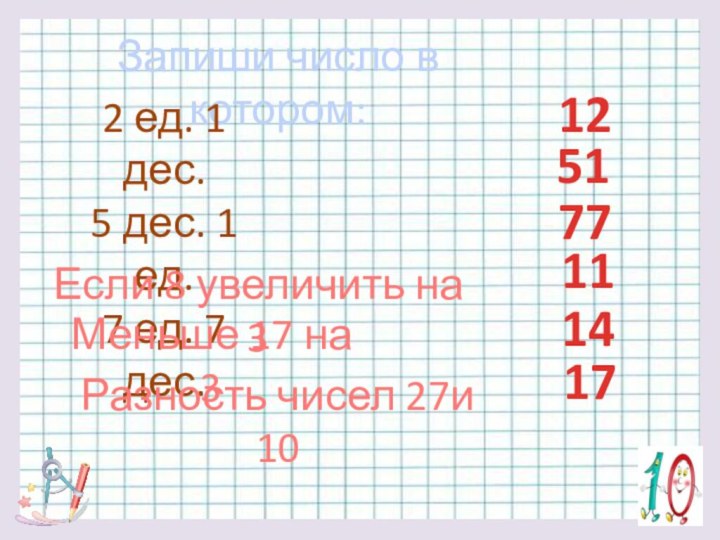 Запиши число в котором:2 ед. 1 дес.5 дес. 1 ед.7 ед. 7