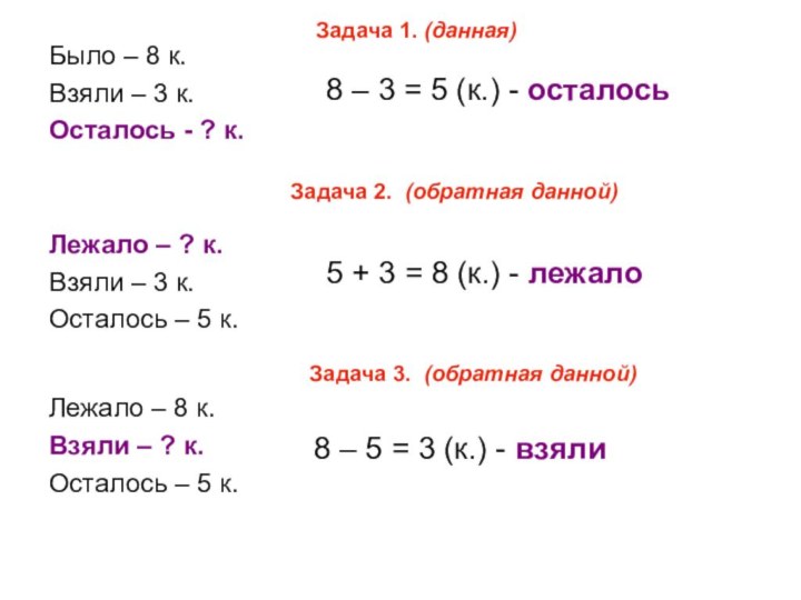 Задача 1. (данная)Было – 8 к.Взяли – 3 к.Осталось -