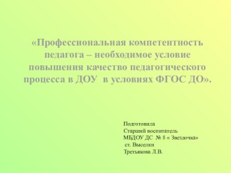 Профессиональная компетентность педагога – необходимое условие повышения качество педагогического процесса в ДОУ в условиях ФГОС ДО презентация