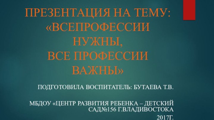 ПРЕЗЕНТАЦИЯ НА ТЕМУ: «ВСЕПРОФЕССИИ НУЖНЫ, ВСЕ ПРОФЕССИИ ВАЖНЫ» Подготовила воспитатель: