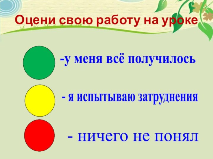 Оцени свою работу на уроке-у меня всё получилось- я испытываю затруднения- ничего не понял