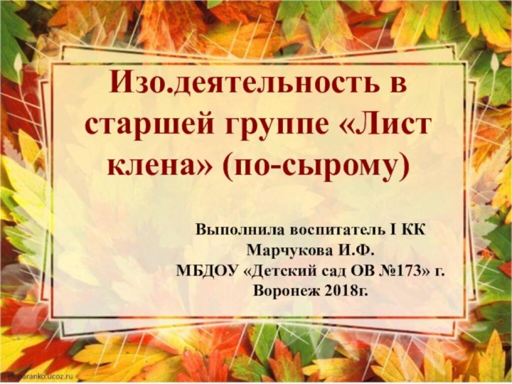 Изо.деятельность в старшей группе «Лист клена» (по-сырому)Выполнила воспитатель I КК Марчукова И.Ф.МБДОУ